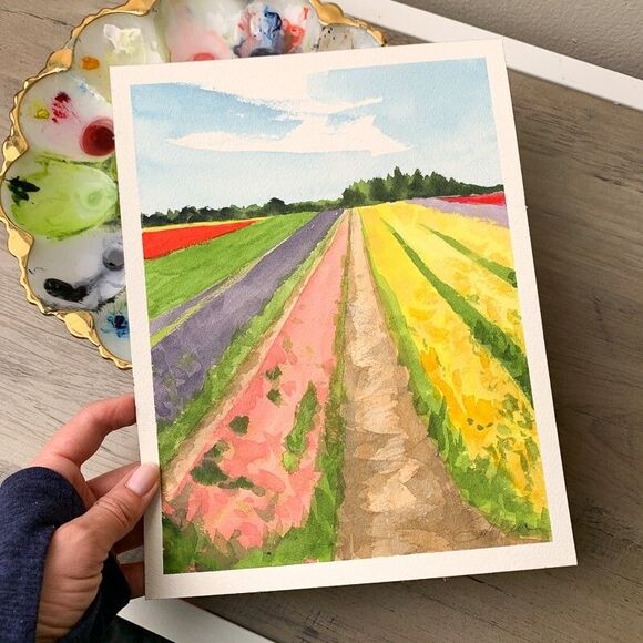 Watercolor Painting Landscape Tulip Fields Bloom Floral "Colorwave" Signed 8x10 - Picture 2 of 3